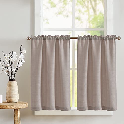 jinchan Kitchen Curtains 24 Inch Linen Textured Cafe Tier Curtains for Living Room Bathroom Farmhouse Half Window Set Light Filtering Rod Pocket Drapes for Small Windows 2 Panels White 28"W