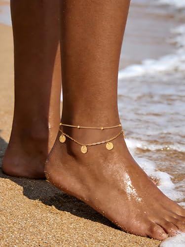 Image of FOCALOOK 14K Gold Plated Anklets for Women Waterproof Plus Size Ankle Bracelet 8.5-10.5 Inch Adjustable Mariner /Figaro /Flat Snake /Cuban Link Chain Anklet Jewelry for Summer Beach Holiday