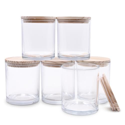 SHOWIN 14 OZ Thick Candle Jars for Making Candles 6 Pcs, Empty Jars with Wood Lids for Spice Jars, Sample Container, Clear