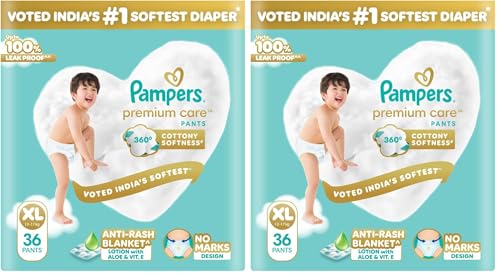 Image of Pampers Premium Care Pant Style Baby Diapers | Extra-Large (XL size) | 36 Count | Voted India's Softest | All-in-1 with 360 Cottony Softness Diapers | 12-17kg (Pack of 2)