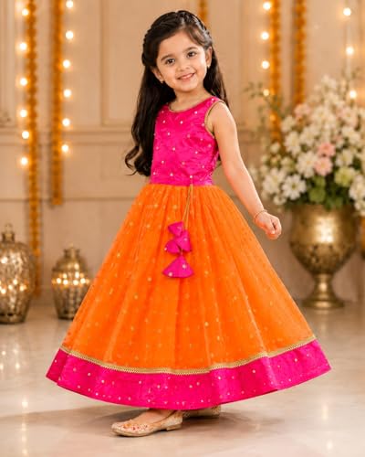 Image of Girls Designer Lehenga Choli Set Orange Rani Pink Readymade Pattu Pavadai Style Traditional Ethnic Dress for Baby Girls Kids Festive Wedding 3Months-8 Years