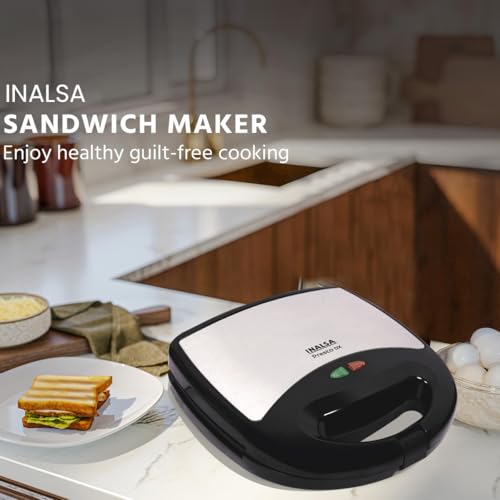Image of INALSA Grill Toaster with SS Cover On Top Cover|Over Heat Protection|Vertical Storage|Easy Locking|Non Stick Coated Heating Plates (Presto DX),800 Watts,Black