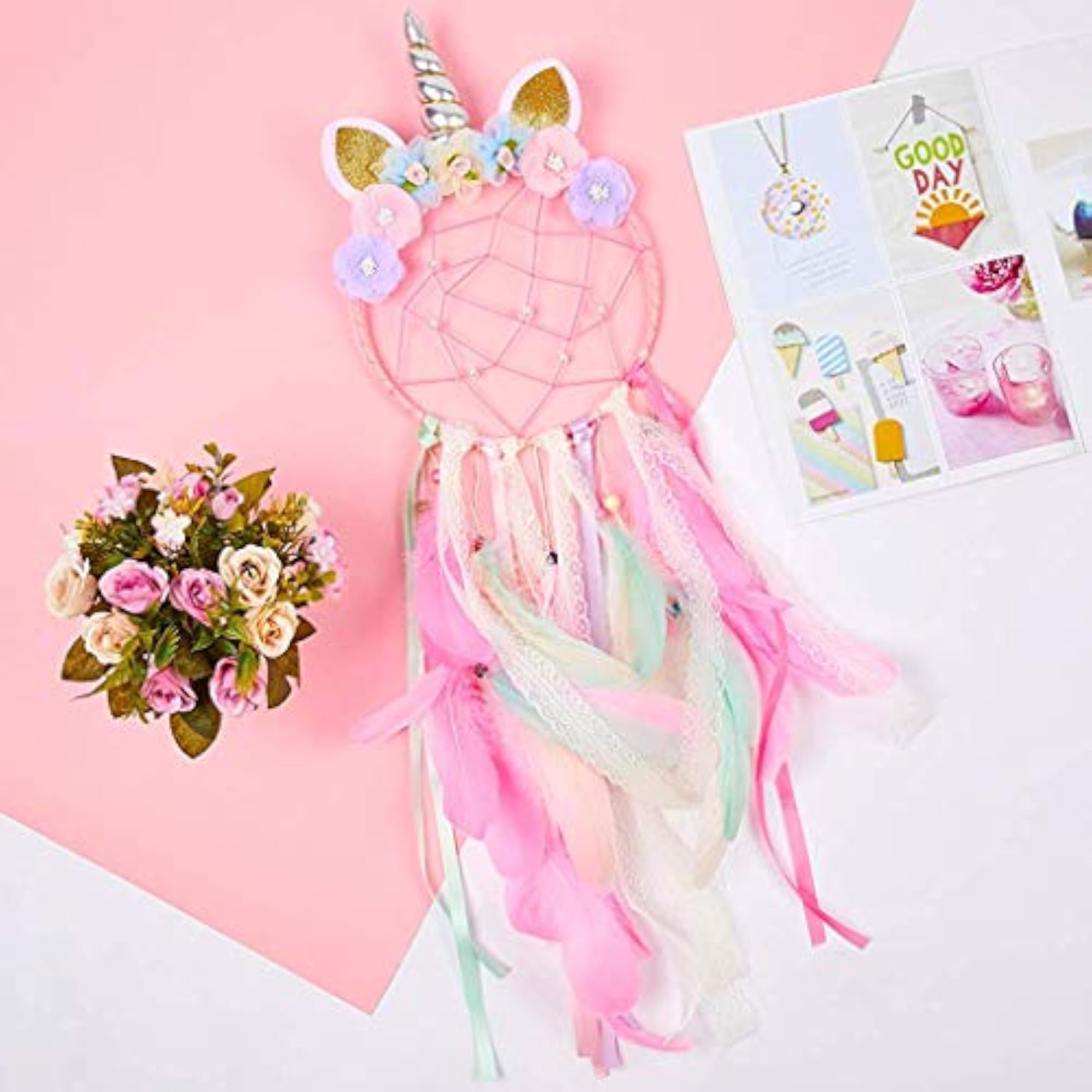 Cotton Thread Unicorn Dream Catcher with Shiny Pearls