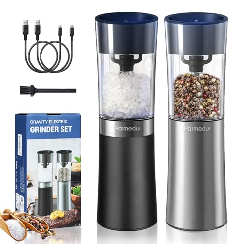 Parmedu Conjunto de moinhos elétricos de sal e pimenta Gravity: Moedor de sal e pimenta automático recarregável por USB - Finura ajustável, recipiente lavável de 100 ml, luz LED