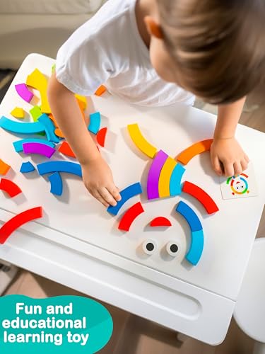 Image of Preschool learning activities Montessori toys - rainbow wooden pattern blocks tangrams color sorting stacking educational games for kids fine motor skills baby girls and boys for 3 4 5 years old (XL)