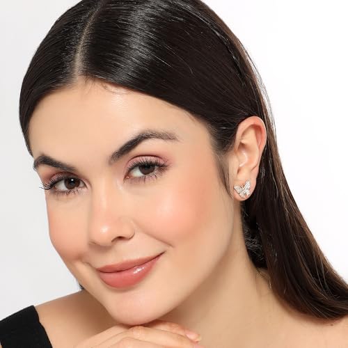 Image of Nilu's Collection Rose Gold Plated Triangular Design Pearl Stud Earrings With American Diamond for Women And Girls | Gift For Her | Anti- Allergy |Anti-Tarnish | Office Wear