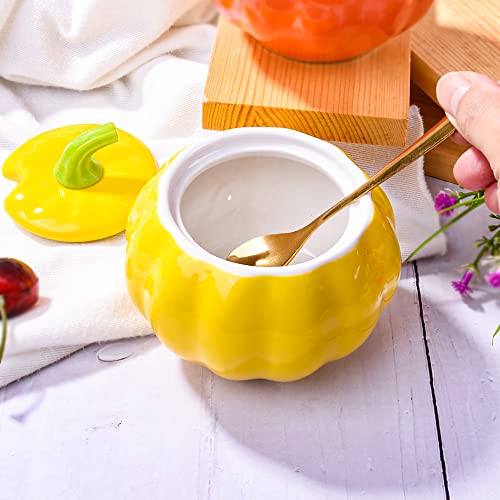Whitenesser Sugar Bowls With Lid And Spoons, Pumpkin Shape Ceramic Sugar Bowl With Sugar Spoon And Lid For Home And Kitchen, Elegant Design, Yellow, 10.5 Oz (300 Ml) #TOP7