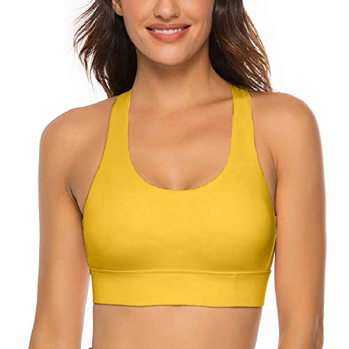 nine bull Sports Bras for Women, Criss-Cross Back Sports Bra Strappy Bras for Sports Longline Padded Medium Support Yoga Bra Top with Removable Cups Yellow L - Image 4