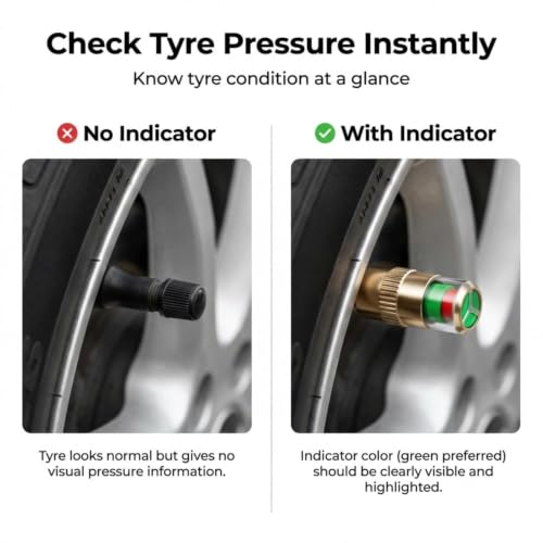 Image of Kripara Sales Car Tyre Pressure Indicator Valve Caps | Durable Metal Air Stem Covers with Decorative Radium Design Universal Tyre Valve Dust Covers | Metal Pressure Monitoring Caps (4 PCS)
