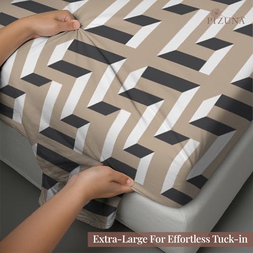 Image of Pizuna 100% Cotton Bedsheet Super King Size with 2 Pillow Covers, 400 Thread Count Long Staple Cotton, Mosaic Printed Pattern Flat Bed Sheet 108X108 Inch for Superking Bed, Beige