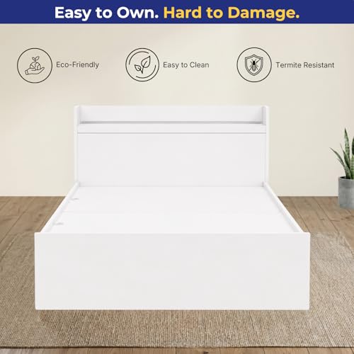 Image of DELITE KOM Single Bed with Box Storage & Headboard Shelf Storage, Cherry Engineered Wood Bed, Frosty White, 83x37 Inches, 1 Year Warranty, Installation Included