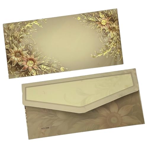 Image of Pack of 20, Golden Petal Charm Design Fancy Shagun Envelopes for Gifting Money Rectangle Shape Velvet Finish Paper Designer Sagan Lifafa Wedding Cash, 19 X 9 cm, Mocha Beige Color