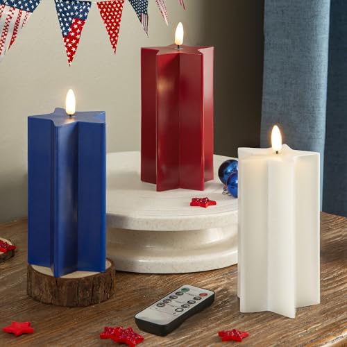 Image of LUSHARBOR 4th of July Flameless Candles with Remote, Red White & Blue 3 Pack Patriotic Battery Operated Candles Star Shape, Real Wax LED Fake Candles for Home Party Holiday Decor