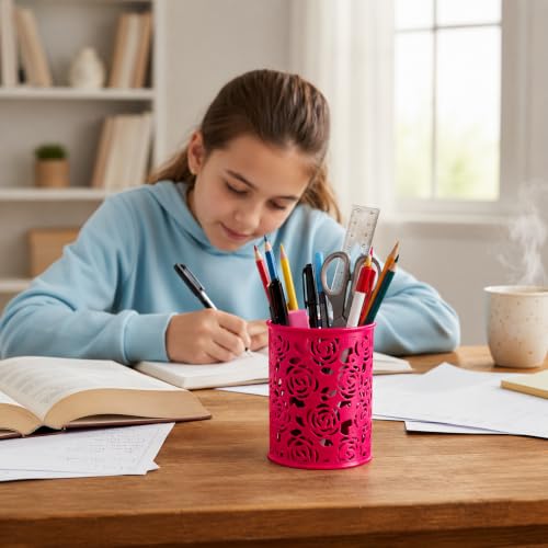 Image of Metal Mesh Pen Stand for Office & Home Desk | Black Stationery Holder Organizer for Pens, Pencils, Markers, Makeup Brushes | Durable Round Wire Mesh Pen Stand (Pack of 1) (Floral-Dark Pink)