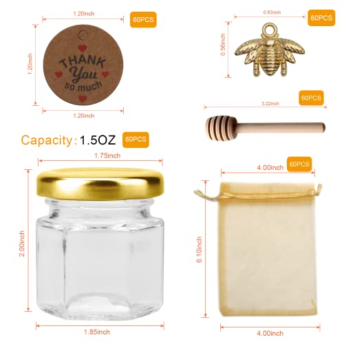 Xing-Ruiyang X001 30 Pack 1.5 Oz Mini Glass Honey Jar, Small Hexagonal Honey Jars With Wooden Dipper Gold Lid Bee Charms Gold Gift Bags And Rope For Baby Shower Wedding Party Favors thumb #1