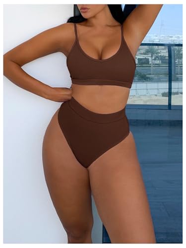 SOLY HUX Women's Scoop Neck High Waisted Ribbed Knit Bikini Set 2 Piece Bathing Suit Swimwear4