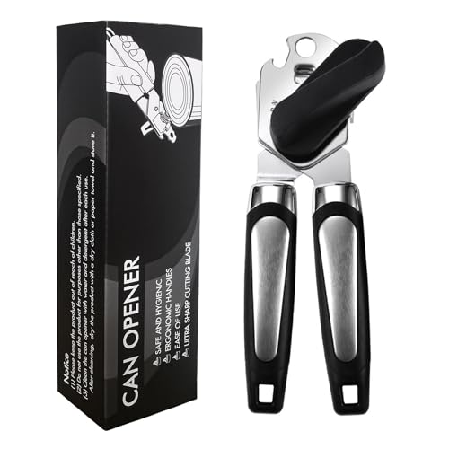 Can Opener Manual, Handheld Strong Heavy Duty Stainless Steel Can Opener, Sharp Blade Smooth Edge and Comfortable Handle, Can Openers with Multifunctional Bottle Opener (Black)