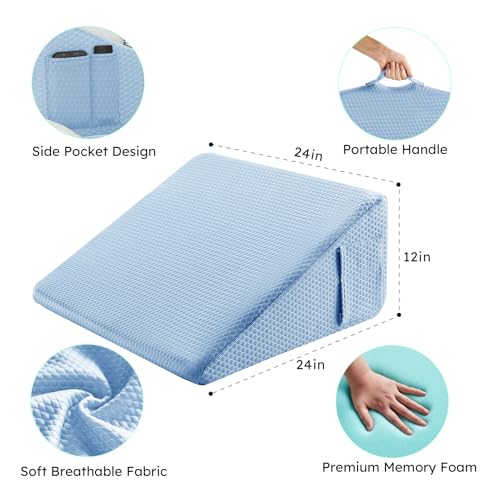 Image of Bedluxe Wedge Pillow, 12 inch Bed Wedge Pillow for Headboard, Pillow Wedge for Acid Reflux Relief, Sleeping, After Surgery, Snoring, Gerd, Triangle Pillow Wedge - Cooling Memory Foam Top, Light Blue