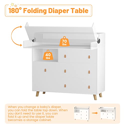 Timechee Baby Changing Table, Nursery Dresser Infant Changing Dresser Organizer, Nursery Station Diaper with Drawers, Top Guardrail, Folded Desktop, Hidden Trash Storage for Nursery Room, White