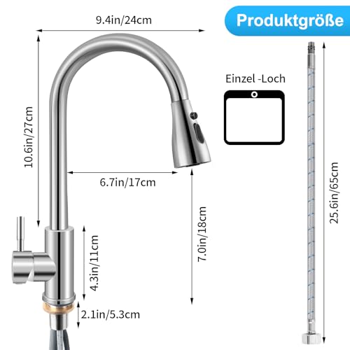 Llizuia Wasserhahn Küche, Hochdruck Küchenarmatur mit Herausziehbarer Brause, Mischbatterie Ausziehbar, Armatur Küchen Spültischarmatur mit 3 Sprühfunktionen, 360°Schwenkbar, Edelstahl