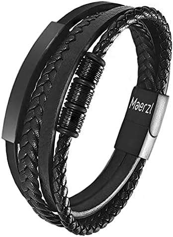 Maerzl Mens Bracelet Leather Stainless Steel Clasp Wrap Genuine Leather Braided Bracelet Wrist Cuff Bangle