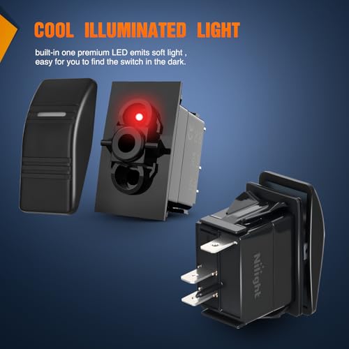 Image of Nilight Marine Rocker Switch LED Light Bar 3 PIN with Red Backlit | Toggle Switches On Off SPST 20A /12V 10A /24V with Jumper Wires Set for Cars Trucks Boat ATVs UTVs RVs