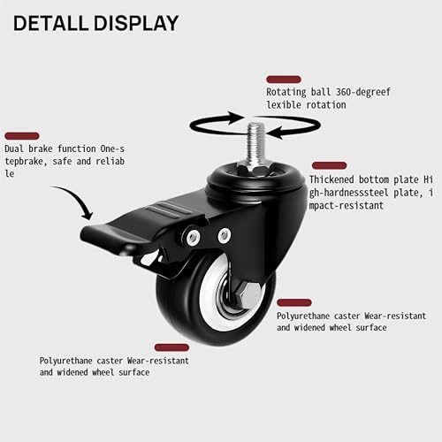 Heavy Duty Swivel Caster Wheels with Dual Brake, 2-in M8x15mm, 12 Pcs | 400 lb Capacity, 360 Degree Polyurethane Locking Casters, No Noise, M8 Threaded Stem Wheels for Desk Workbench Cart