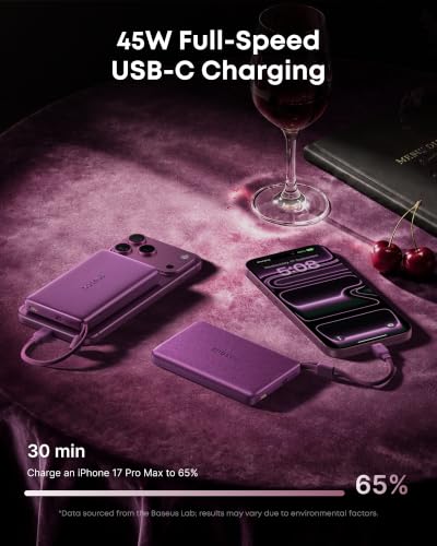 Image of Baseus Picogo AM52 MagSafe Power Bank, Qi2.2 25W 10,000mAh Magnetic Portable Charger, 0.6 inch Slim Built-in 45W USB-C Cable, Alloy Fast Charging Wireless Battery Pack for iPhone 17 /16 /15 /14 /13 /12 Only