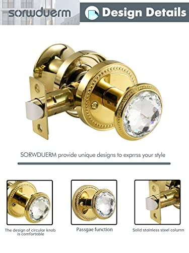 Sorwduerm Passage Crystal Door Knobs Gold Interior Polished Brass Glass Door Knob For Hall And Closet,Zinc Alloy 1 Pack #TOP2