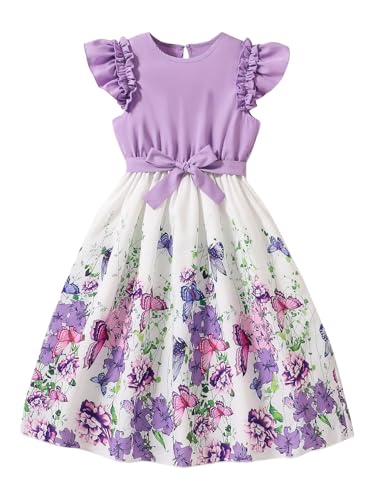 GORGLITTER Girl's Vintage Butterfly Floral Dresses Ruffle Belted Crewneck Cap Sleeve Casual Princess Dress