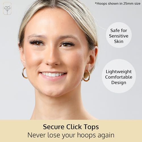 MAX + STONE Solid 14k Gold Hoop Earrings with Click Tops for Women | 1 Inch Large Yellow Gold