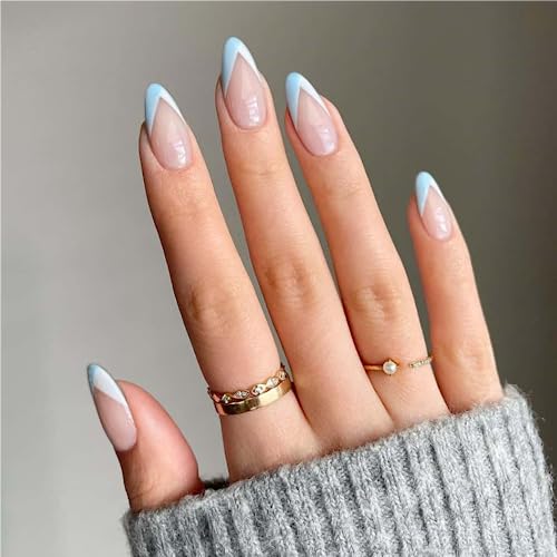 Kxamelie Blue White French Tip Press On Nails Short Nails For Women Gel Fake Nails Press On Nude Glue On Nails Short French Nails Kit Acrylic Set Cute Press On Nails Natural False Nails Set Oval Nails For Girls 24 Pieces #TOP1