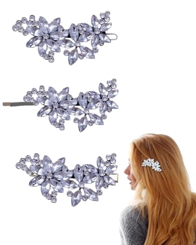 FUGLUS 3 Pezzi Fermagli per Capelli Strass Eleganti,Spille Decorative con Cristalli per Damigella d'Onore,Matrimonio,Sposa,Capelli Lunghi,Accessori Argentati Floreali da Donna