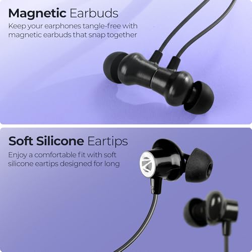 Image of Zebronics Wired in-Ear Earphones, 10mm Neodymium Drivers, Magnetic Earbuds, in-line Mic, Gold Plated 3.5mm Jack, Soft Silicon Cable 1.2m (Buds 60, Black)