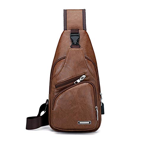 KEBY Hombro Bolso Cruzados Impermeable Mochila de Pecho PU Cuero para Hombres Bandolera Sling Messenger Puerto de Carga USB Senderismo al Aire Libre