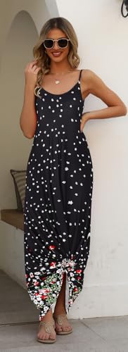 Image of Supnier Women's Summer Maxi Dress Casual V-Neck Sleeveless Bohemian Spaghetti Strap Floral Long Maxi Dress with Pockets