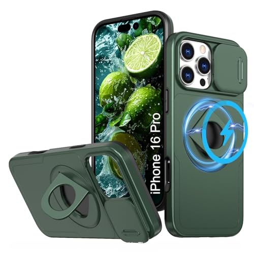 Image of LuxuryKase MagSafe Shockproof Rugged Back Case for iPhone 16 Pro | Finger Ring Kickstand & Sliding Camera Cover | Military Drop Protection | Wireless Charging Support - Dark Green