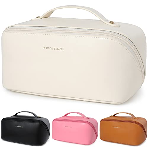 Katadem Bolsa de maquillaje de viaje, bolsa de maquillaje de apertura grande, bolsa de maquillaje portátil que se abre plana para un fácil acceso, bolsa de aseo personal, bolsa de maquillaje de piel