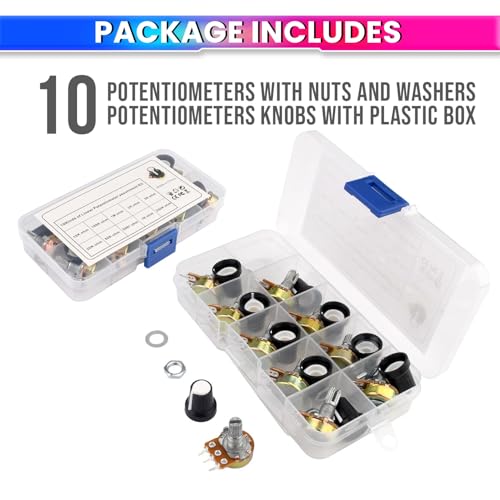 Image of 10Pcs Potentiometer Kit with Switch & Cap | Adjustable Resistors 1K /2K /5K /10K /20K /50K /100K /250K /500K /1M | Durable Carbon Film & Metal Build with 10 Knobs, Nuts & Washers in Storage Box