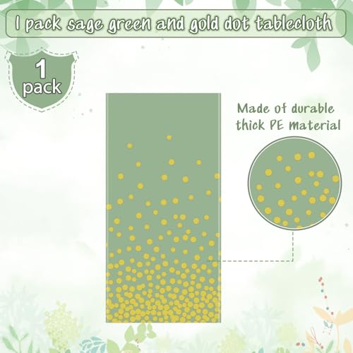 Image of FunnyPars 1 Pack Sage Green and Gold Plastic Tablecloth, Green Disposable Table Cloth for Rectangle Tables, Gold Dot Light Green Tablecloth for Baby Shower Birthday Wedding Party Decorations, 54 inchx108 inch