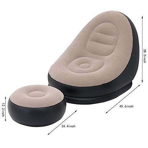 Image of 2-in-1 Lounge Chair Set Portable Recliner with Air Pump, Inflatable Leisure Sofa Chair and Footstool, Outdoor Folding Lounger Flocking Lazy Couch, Air Bag Chair and Stool