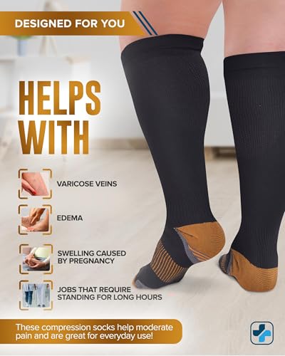 Copper Compression Socks for Wide Calf - 2 Pairs | 20-30mmHg | Black | Women & Men