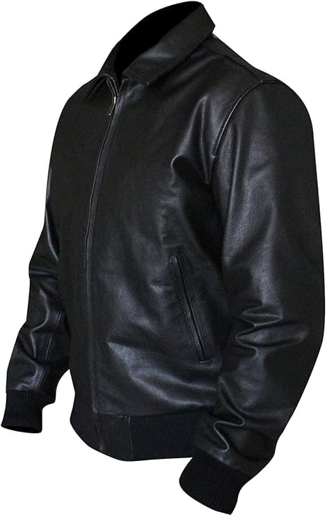 Mens Black Happy Arthur Fonzie Vintage Classic Genuine Bomber Leather Ribbed Biker Jacket3