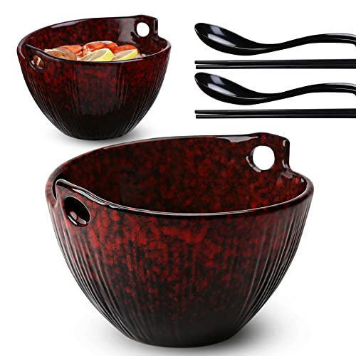 JH JIEMEI HOME Ramen Bowl Set with Chopsticks and Spoons, Ceramic Noodle Bowl Set of 2, Donburi Bowl, Dishwasher Safe for Pho Udon Soba Noodle Salad Pasta, Special Reactive Glazed Crimson Bowls Set by JH JIEMEI HOME - Used condition - US$26.45