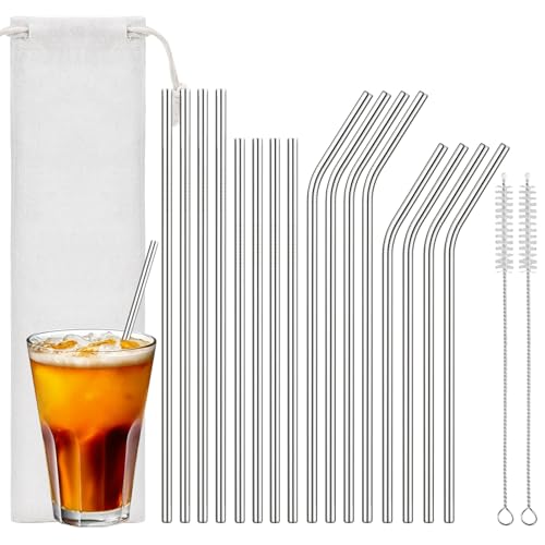 Euqvunn Set De 16 Pajitas Reutilizables – 8 Rectas Y 8 Curvas (Largas Y Cortas), Pajitas De Acero Inoxidable Con 2 Cepillos De Limpieza Y Bolsa, Apto Para Lavavajillas