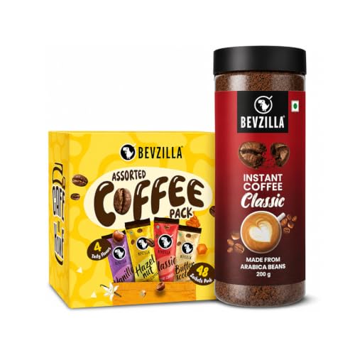 Image of Bevzilla 200g Classic Strong Instant Coffee Powder + 48 Assorted (4 Flavours) Instant Coffee Powder Sachets| Arabica Beans|Best For Espresso, Latte, Cappuccino|Enjoy Hot & Cold