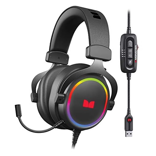 Monster Alpha 7.1 RGB Illuminated Gaming Headset with 7.1 Surround Sound, Noise-Cancelling Detachable Mic, Cushioned Earcups – for PC Gaming, Black