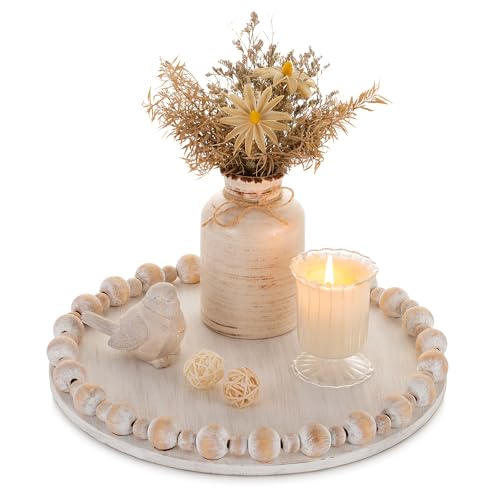 Hanobe Holztablett Deko Tablett Rund: Vintage Weiß Gewaschen Dekotablett...