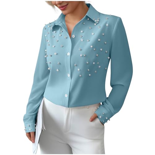 Women's Pearl Embellished Button Down Shirts, Long Sleeve Beaded Blouse,
