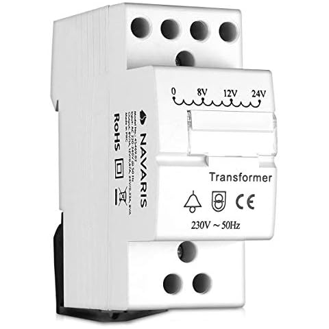 Navaris Door Bell Transformer 8V 12V 24V - For Wired Doorbell Chimes - DIN Rail Mountable 8VA 230V Mains Converter 8/12/24 Volts Output - White Cover
